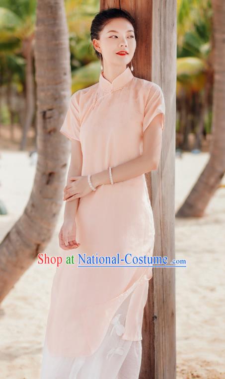 Chinese National Young Lady Cheongsam Costume Traditional Stand Collar Pink Qipao Dress