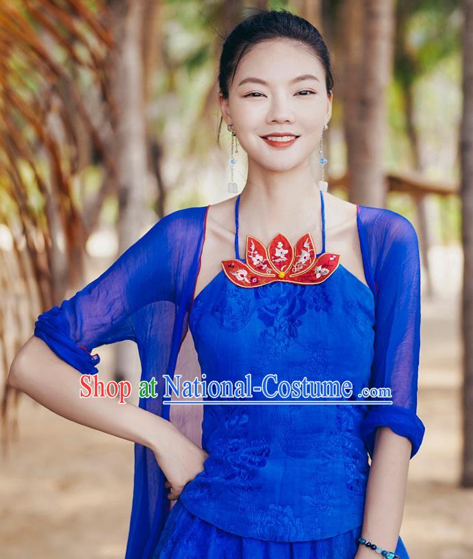 China Traditional Embroidered Royalblue Sun Top Clothing National Tang Suit Upper Outer Garment Stomachers