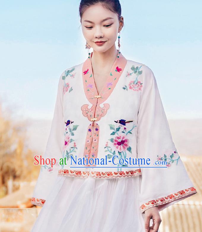 China Traditional Embroidered White Blouse National Tang Suit Upper Outer Garment Clothing