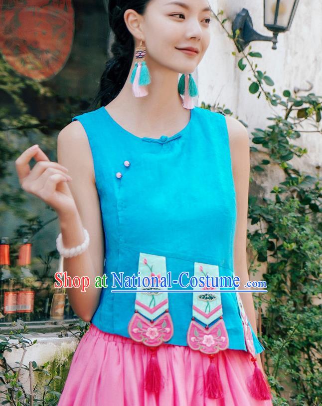 China National Tang Suit Upper Outer Garment Clothing Traditional Embroidered Blue Vest