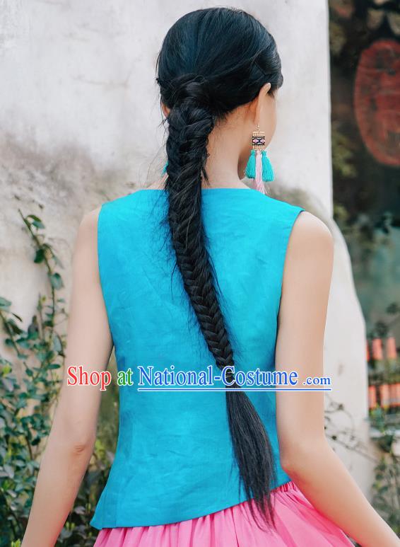 China National Tang Suit Upper Outer Garment Clothing Traditional Embroidered Blue Vest