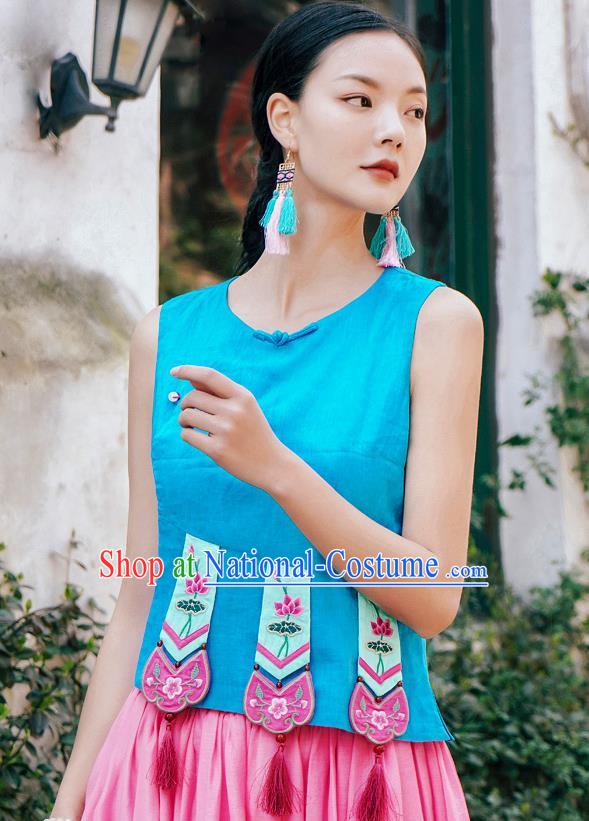 China National Tang Suit Upper Outer Garment Clothing Traditional Embroidered Blue Vest