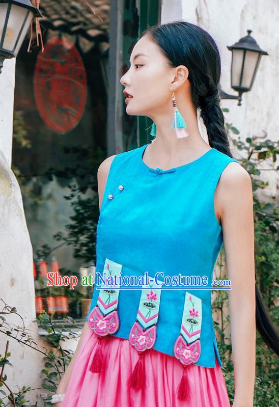 China National Tang Suit Upper Outer Garment Clothing Traditional Embroidered Blue Vest