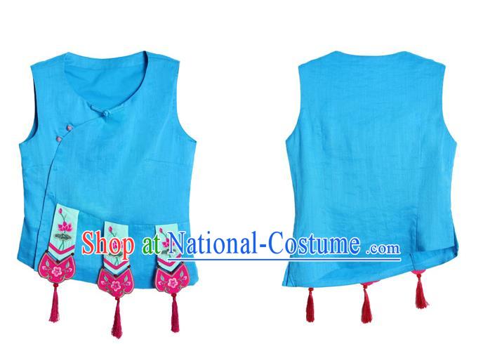 China National Tang Suit Upper Outer Garment Clothing Traditional Embroidered Blue Vest