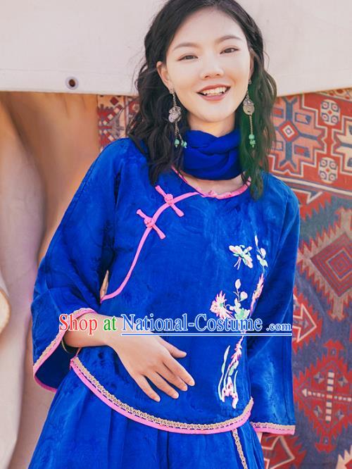 China National Clothing Tang Suit Upper Outer Garment Traditional Embroidered Royalblue Blouse