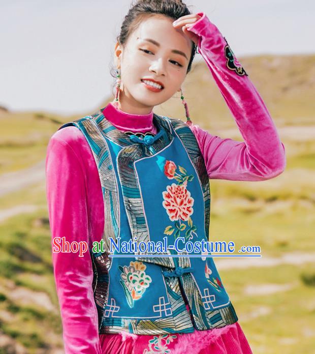 China Tang Suit Upper Outer Garment Traditional Embroidered Blue Vest National Waistcoat Clothing