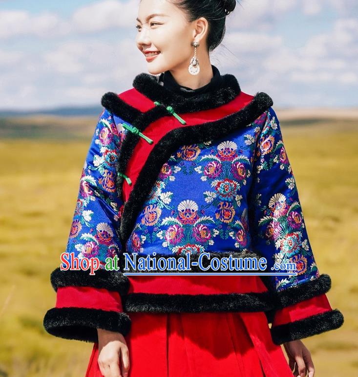 Chinese Traditional Woman Winter Outer Garment Costume Tang Suit Embroidered Royalblue Cotton Wadded Jacket