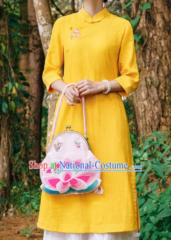 Chinese Traditional Stand Collar Yellow Qipao Dress National Young Lady Embroidered Cheongsam Costume