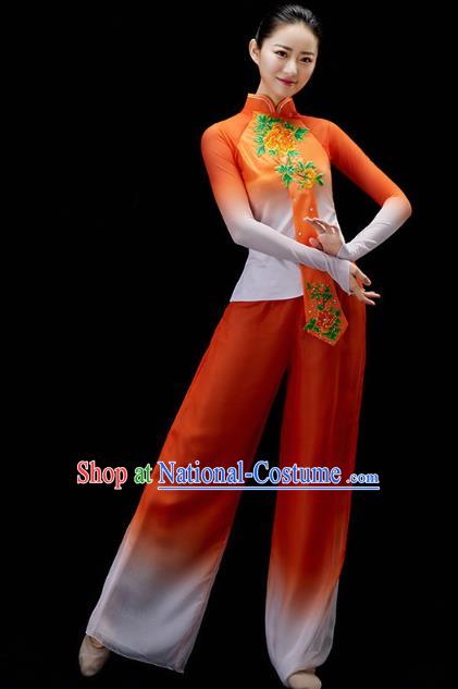 China Traditional Folk Dance Yangko Dance Orange Outfits Fan Dance Embroidered Clothing