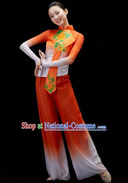 China Traditional Folk Dance Yangko Dance Orange Outfits Fan Dance Embroidered Clothing