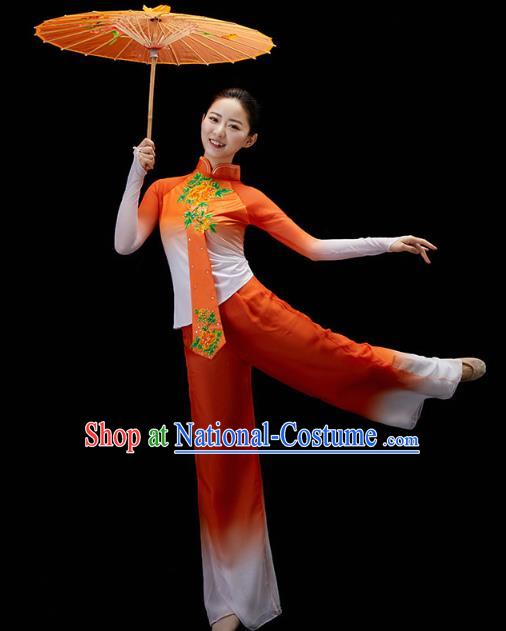 China Traditional Folk Dance Yangko Dance Orange Outfits Fan Dance Embroidered Clothing