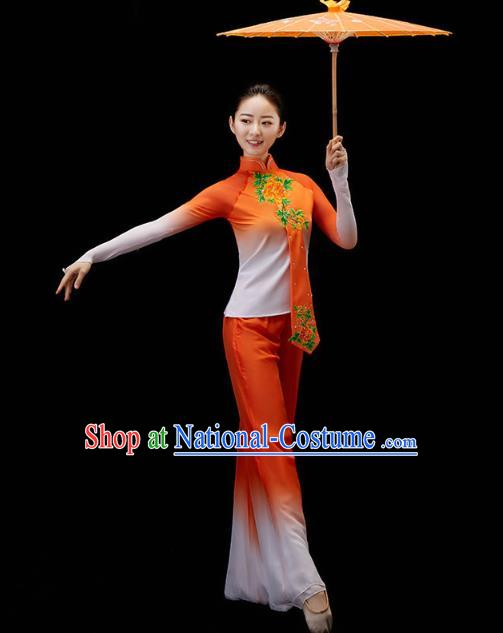 China Traditional Folk Dance Yangko Dance Orange Outfits Fan Dance Embroidered Clothing