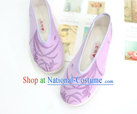 China Embroidered Orchids Shoes Traditional Qing Dynasty Court Lady Shoes Handmade Violet Cloth Shoes