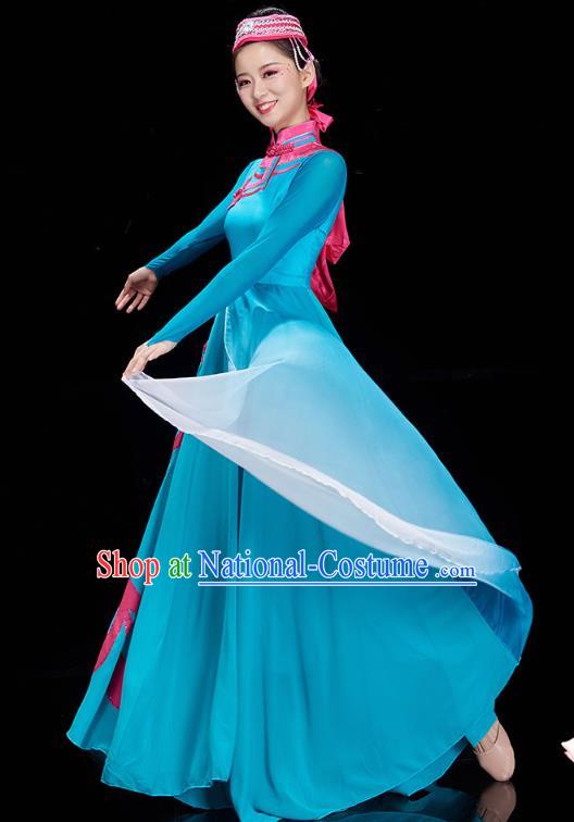 Chinese Mongolian Ethnic Dance Blue Dress Outfits Traditional Mongol Nationality Performance Costumes