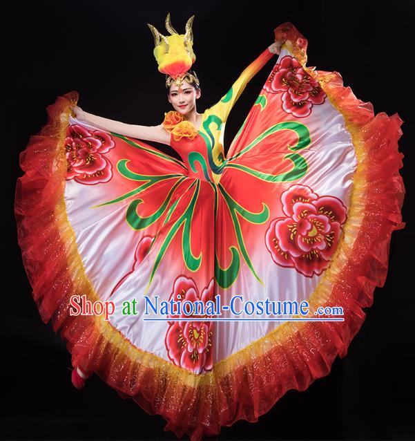 Chinese Traditional Spring Festival Gala Woman Group Dance Red Dress Peony Dance Opening Dance Costume