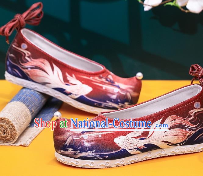 China Classical Goldfish Pattern Red Cloth Shoes Traditional Hanfu Shoes Handmade Ming Dynasty Princess Shoes