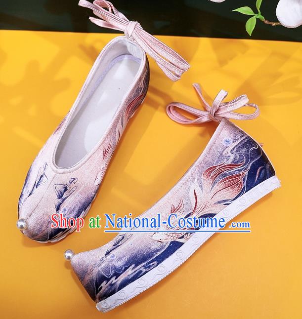 China Handmade Ming Dynasty Princess Shoes Classical Goldfish Pattern Pink Satin Shoes Traditional Hanfu Shoes