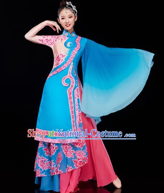 China Classical Dance Blue Dress Traditional Woman Solo Dance Costume Umbrella Dance Clothing