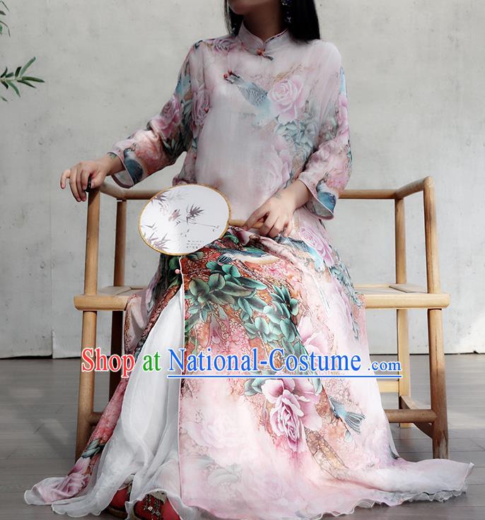 Chinese Traditional Stand Collar Flax Cheongsam National Woman Costume Printing Rose Lilac Qipao Dress