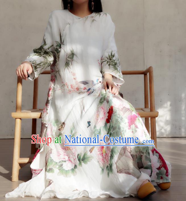 Chinese Traditional Printing Peony White Qipao Dress Stand Collar Cheongsam National Woman Costume