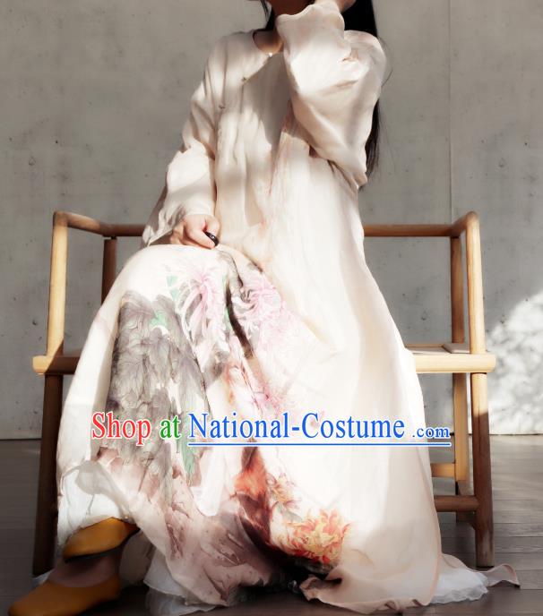 Chinese National Woman Costume Traditional Printing Chrysanthemum Cat White Qipao Dress Stand Collar Cheongsam