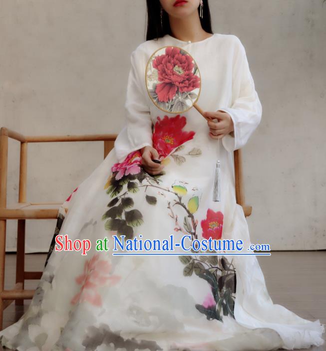 Chinese Slant Opening Cheongsam National Woman Costume Traditional Printing Peony Lotus White Qipao Dress