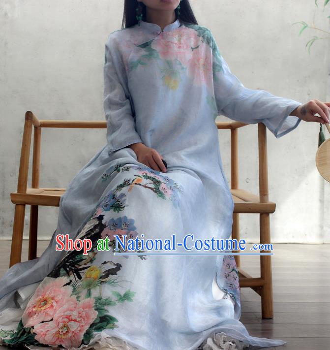 Chinese National Woman Costume Traditional Stand Collar Qipao Dress Printing Peony Blue Cheongsam