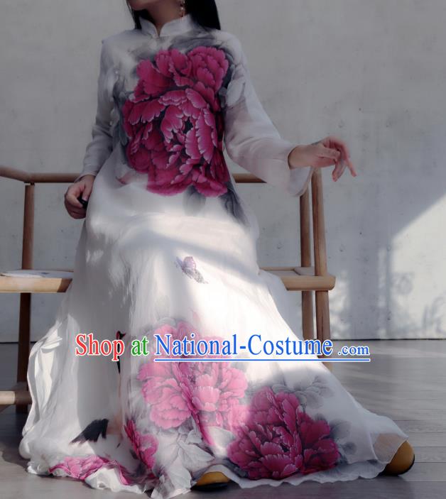 Chinese Traditional Woman Costume Stand Collar Qipao Dress National Printing Purple Peony Cheongsam