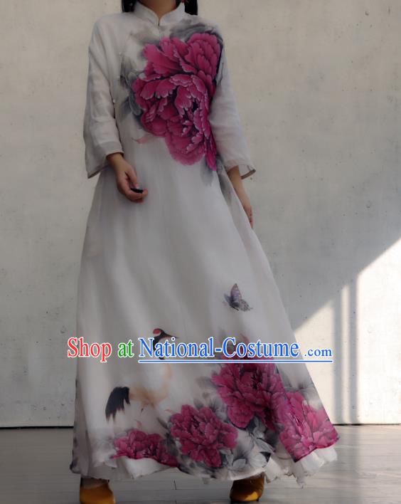 Chinese Traditional Woman Costume Stand Collar Qipao Dress National Printing Purple Peony Cheongsam