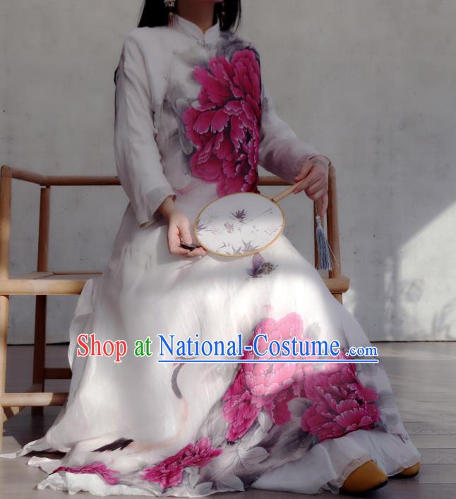 Chinese Traditional Woman Costume Stand Collar Qipao Dress National Printing Purple Peony Cheongsam