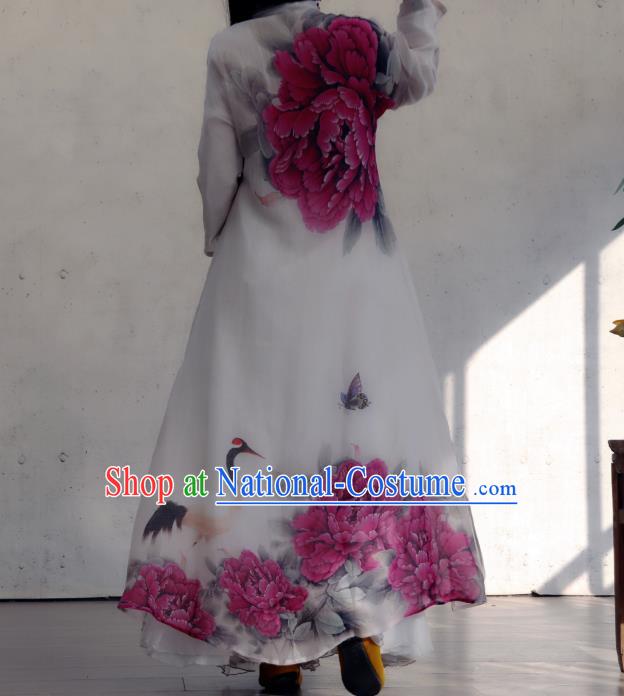 Chinese Traditional Woman Costume Stand Collar Qipao Dress National Printing Purple Peony Cheongsam