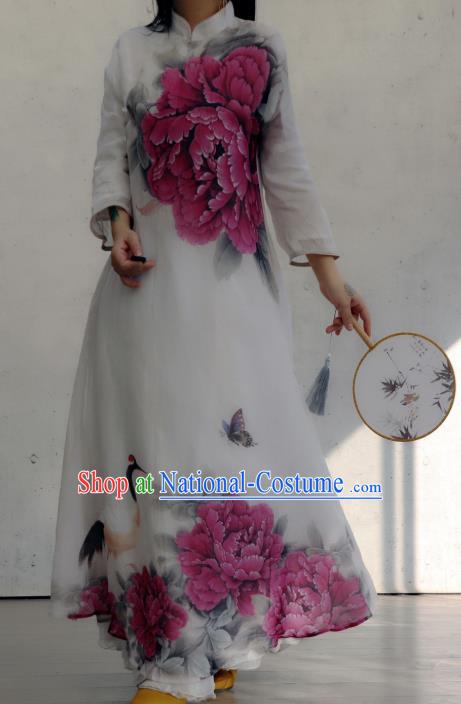 Chinese Traditional Woman Costume Stand Collar Qipao Dress National Printing Purple Peony Cheongsam