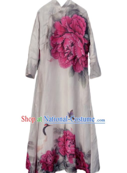 Chinese Traditional Woman Costume Stand Collar Qipao Dress National Printing Purple Peony Cheongsam