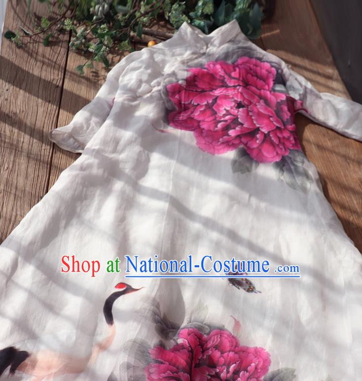 Chinese Traditional Woman Costume Stand Collar Qipao Dress National Printing Purple Peony Cheongsam