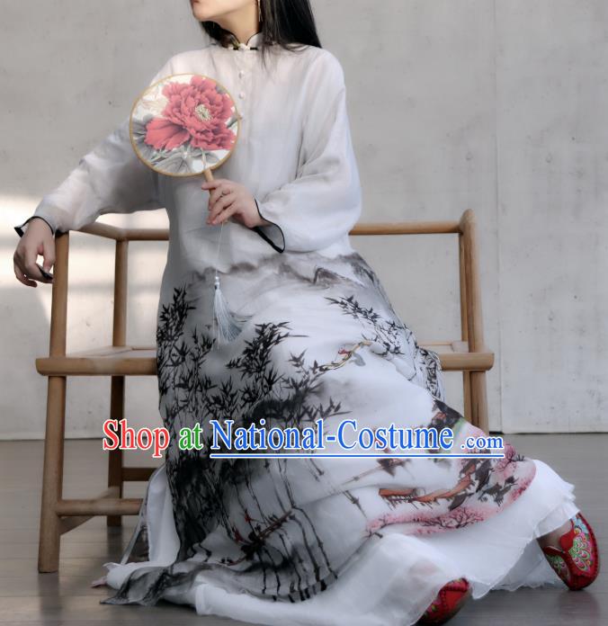 Chinese Traditional Woman Costume White Flax Qipao Dress National Ink Painting Landscape Cheongsam