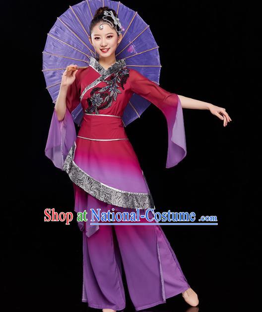 China Traditional Folk Dance Umbrella Dance Purple Outfits Jiaozhou Yangko Dance Performance Clothing