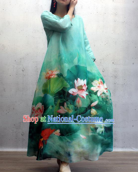 Chinese Traditional Qipao Dress Woman Costume National Printing Lotus Green Cheongsam