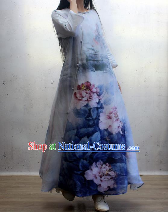 Chinese Traditional Printing Peony Blue Qipao Dress Woman Costume National Slant Opening Cheongsam