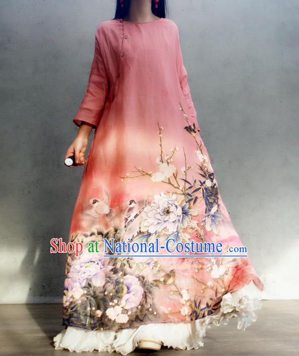 Chinese Traditional Slant Opening Qipao Dress Woman Costume National Printing Peony Pink Cheongsam