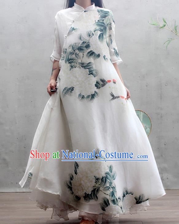 Chinese Traditional Printing Peony Qipao Dress Woman Costume National Stand Collar White Cheongsam