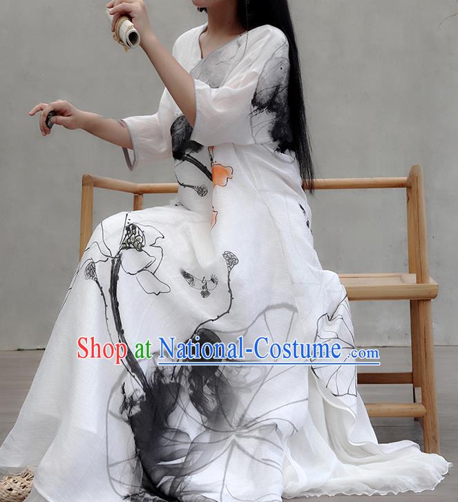 Chinese Traditional Ink Painting Lotus Qipao Dress Woman Costume National Tang Suit White Cheongsam