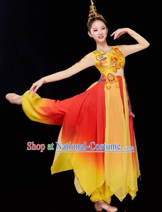 Chinese Woman Modern Dance Group Dance Yellow Dress Traditional Drum Dance Costume