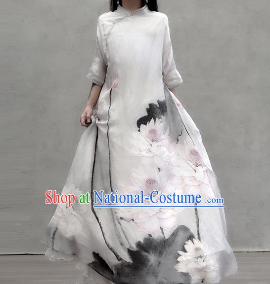 Chinese Traditional White Stand Collar Qipao Dress Woman Costume National Tang Suit Ink Painting Lotus Cheongsam