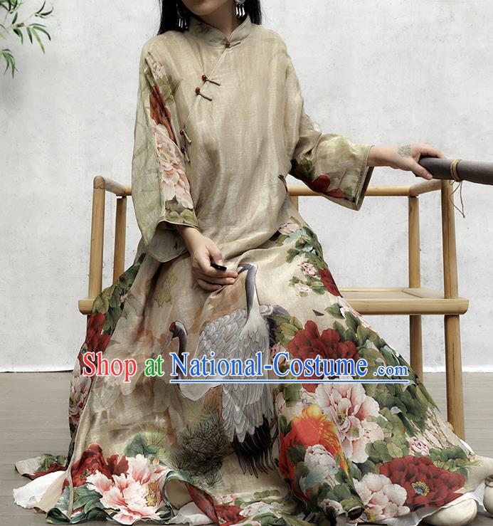 Chinese Traditional Stand Collar Qipao Dress Woman Costume National Printing Crane Peony Khaki Cheongsam