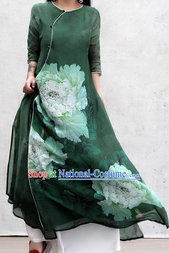 Chinese Traditional Slant Opening Qipao Dress Woman Costume National Printing Peony Green Cheongsam