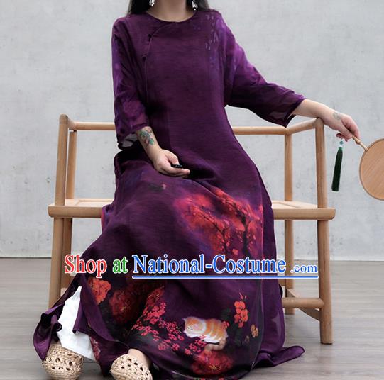 Chinese Traditional Printing Purple Qipao Dress Woman Costume National Slant Opening Cheongsam