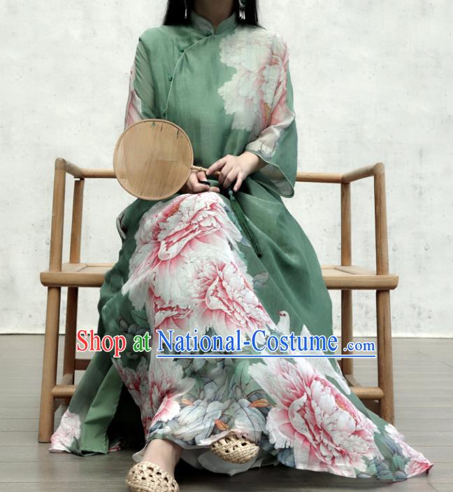 Chinese Traditional Printing Peony Green Qipao Dress Woman Costume National Stand Collar Cheongsam