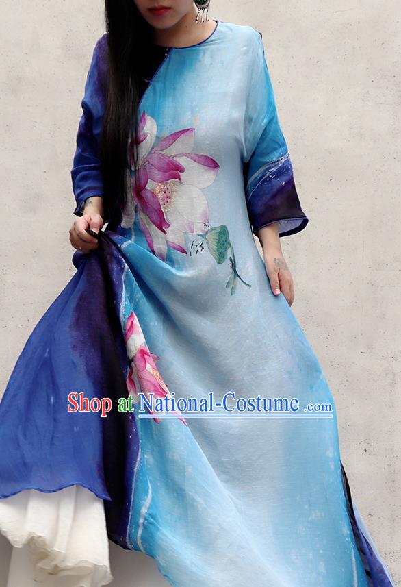 Chinese Traditional Tang Suit Qipao Dress Female Costume National Printing Lotus Blue Cheongsam