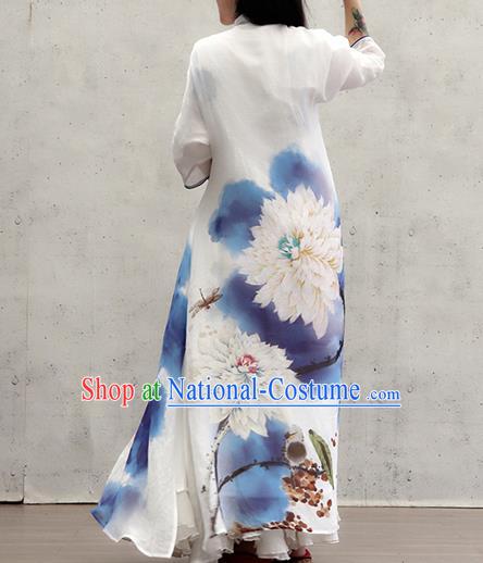 Chinese Traditional Ink Painting Lotus Qipao Dress Female Costume National Printing White Loose Cheongsam