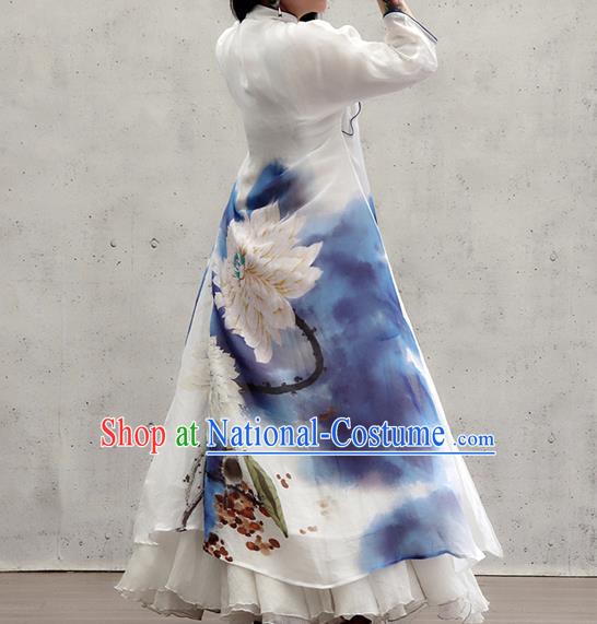 Chinese Traditional Ink Painting Lotus Qipao Dress Female Costume National Printing White Loose Cheongsam